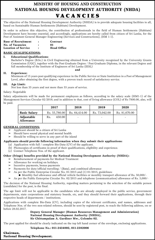 Assistant General Manager (Engineering Services & Constructions) - National Housing Development Authority